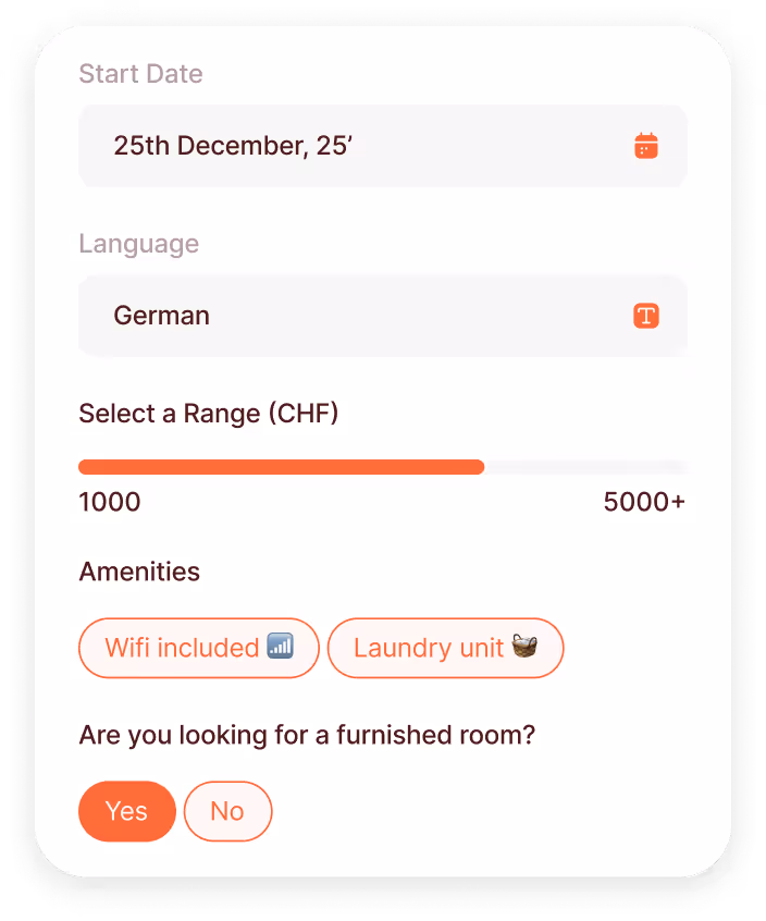 User interface form with start date, language, rent range slider, amenities and a yes/no question about furnished rooms.