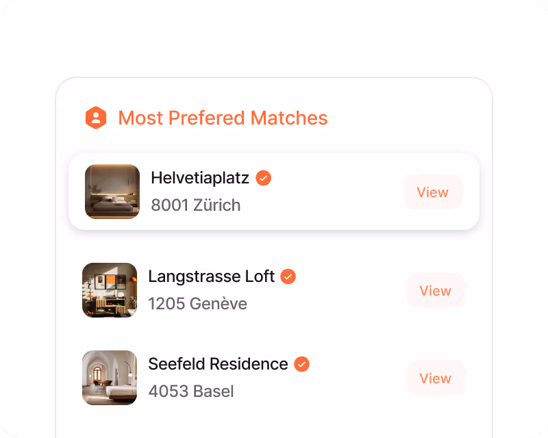List of preferred matches with small preview images and a view button for each.