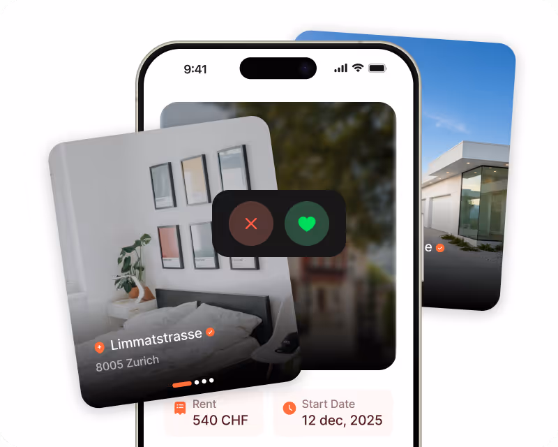 App screen displaying a real estate app with property cards showing a house, monthly rent starting date.